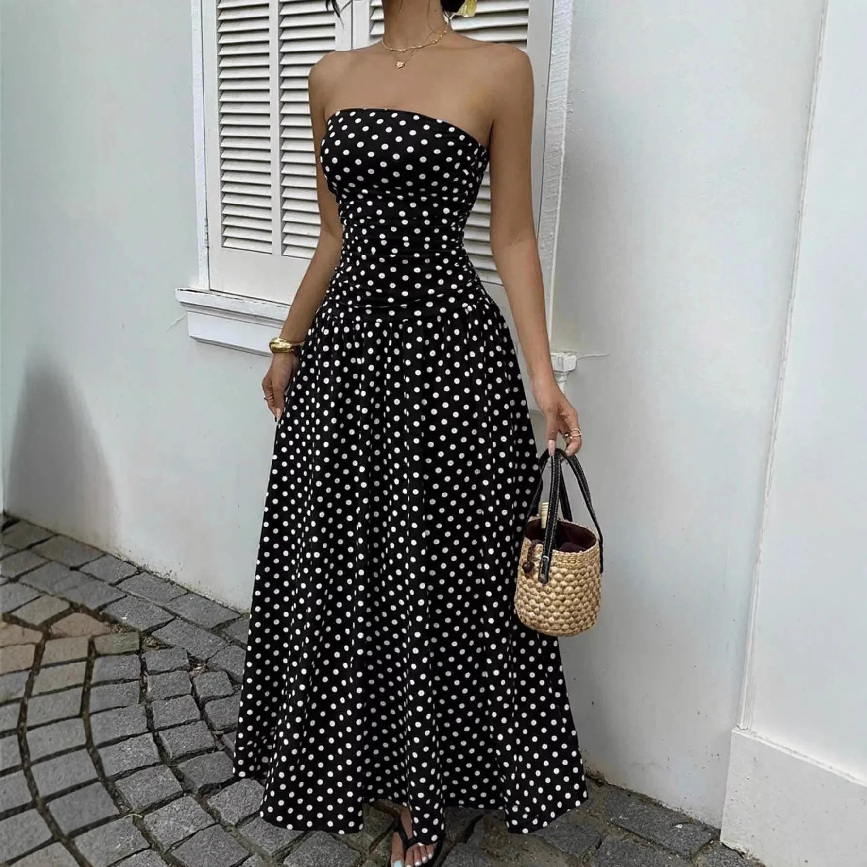 Vestido Largo a Lunares Strapless